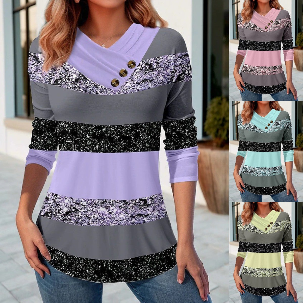 ✨50% OFF✨【S-5XL】Damska nowa bluzka jesienno-zimowa z dekoltem V i kontrastowymi kolorami