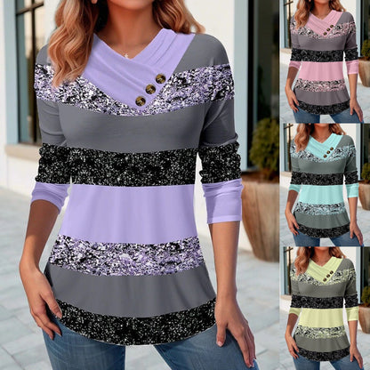 ✨50% OFF✨【S-5XL】Damska nowa bluzka jesienno-zimowa z dekoltem V i kontrastowymi kolorami