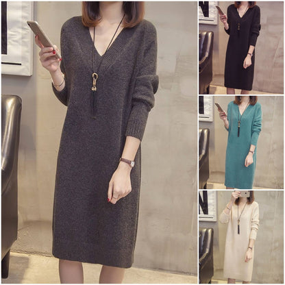 ✨【S-4XL】Nova jesensko/zimska pletena midi haljina za veće veličine s V-izrezom -4158924