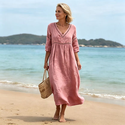 👗【S-3XL】Ljetna moderna pamučno-lanena haljina s V-izrezom, prozračna, udobna i stagnira