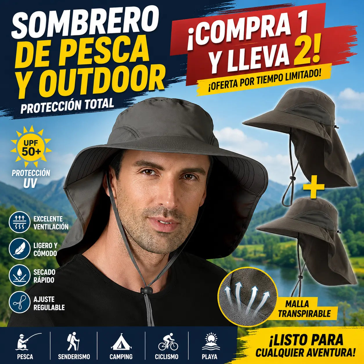 🌞【Compra uno y llévate otro gratis, cantidad limitada】🔥🧢Sombrero de pescador universal de verano, protección solar