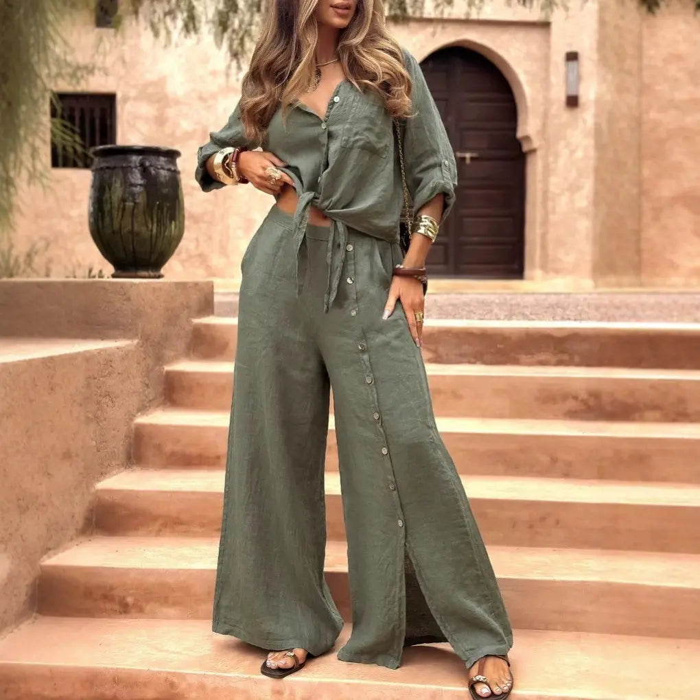 【S-5XL】Conjunto de camisa de manga larga para mujer, confeccionado en algodón y lino, cómodo, transpirable y con tecnología que absorbe el sudor.