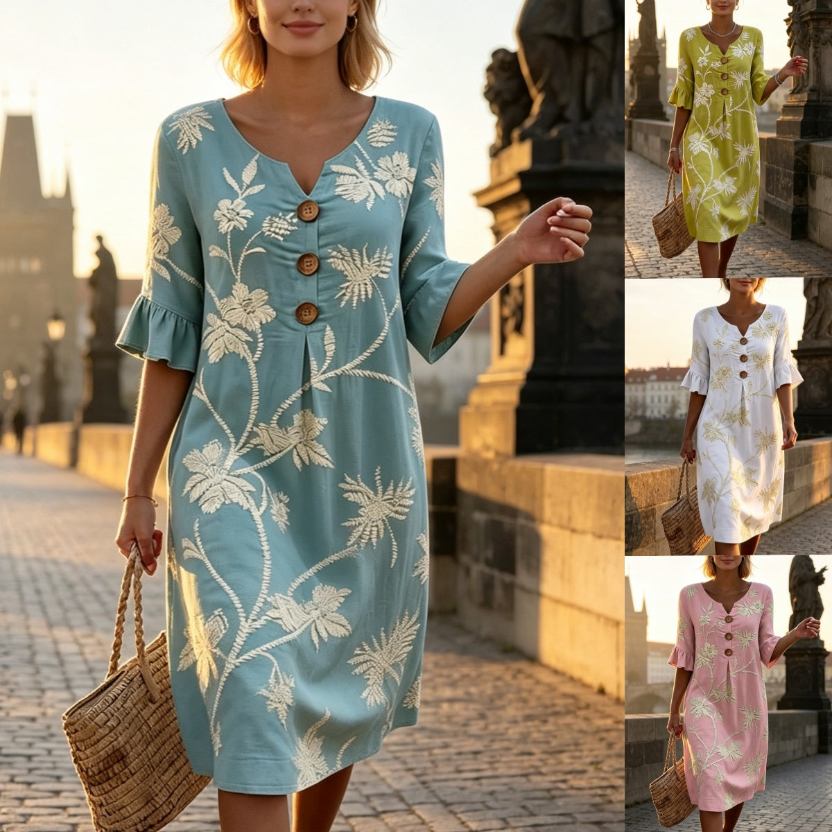 👗【S-3XL】Ženska haljina od pamuka i lana s napuhanim rukavima i gumbima