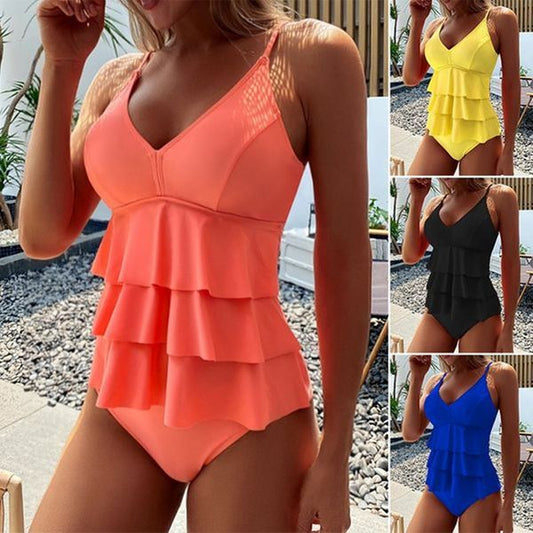 🌴【S-XL】Tankini z rozcięciem i falbanami w jednolitym kolorze