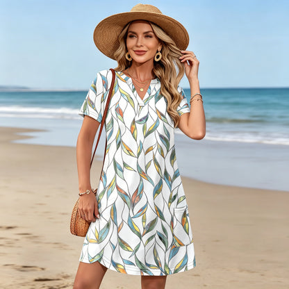 🌼Ženska elegantna ljetna haljina kratkih rukava s V-izrezom, plus size, cvjetnog uzorka, savršena za odmor na plaži.