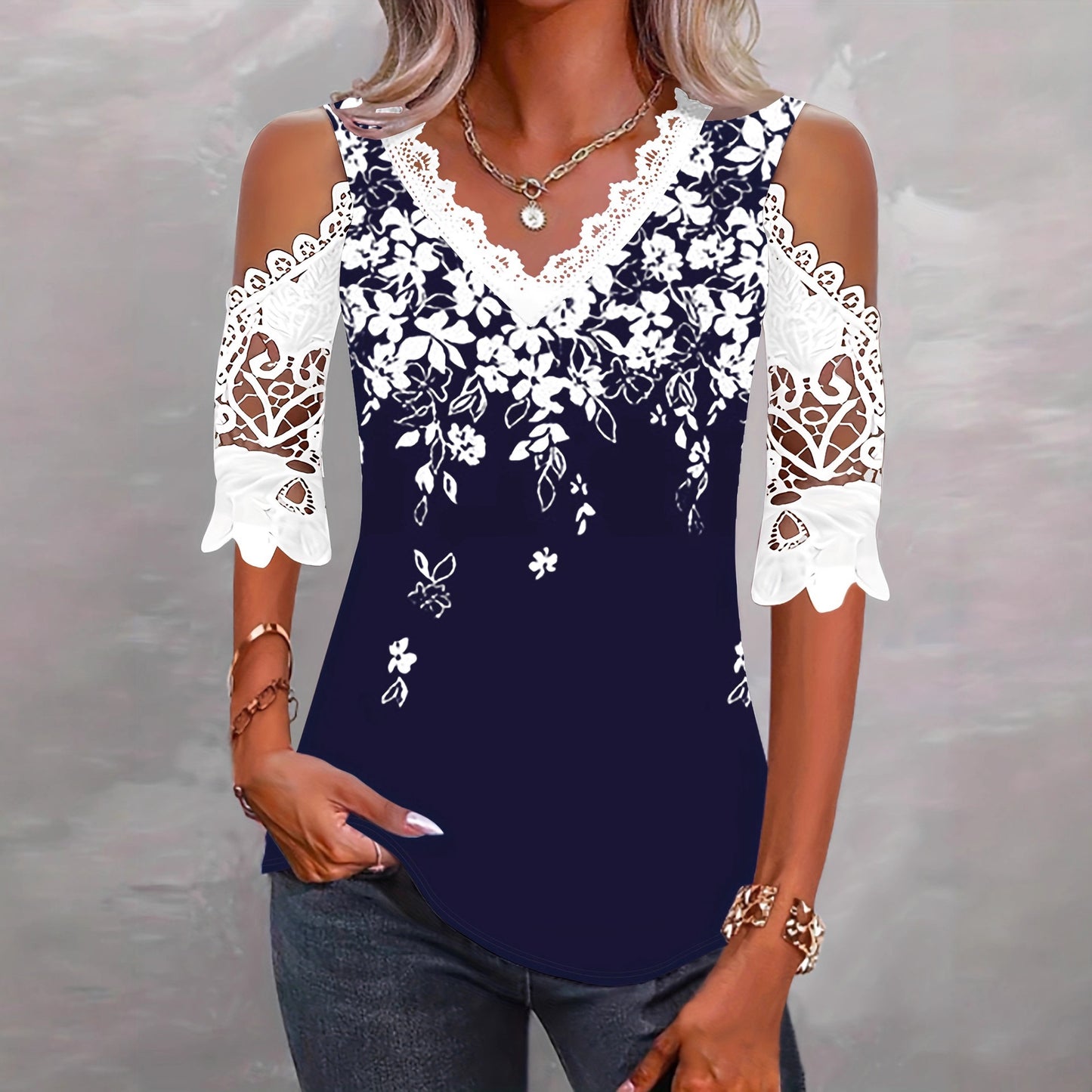 🌸【S-2XL】Elegantna čipkasta majica kratkih rukava s otvorenim ramenima i patchwork printom