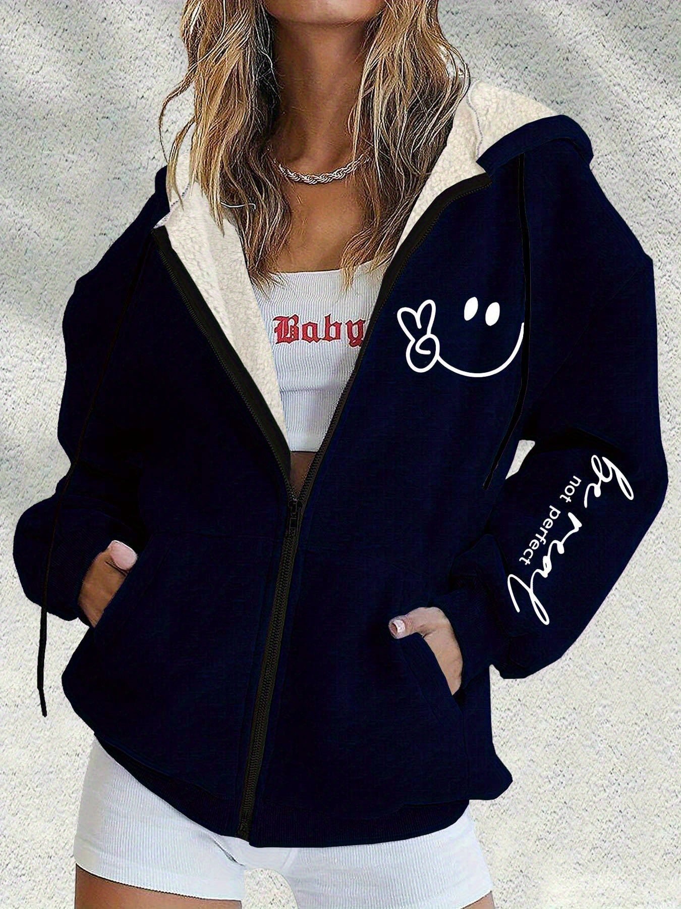 😀【S-5XL】Nova zimska ženska moderna jakna s kapuljačom i patentnim zatvaračem s printom nasmijanog lica