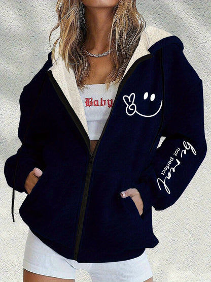 😀【S-5XL】Nova zimska ženska moderna jakna s kapuljačom i patentnim zatvaračem s printom nasmijanog lica