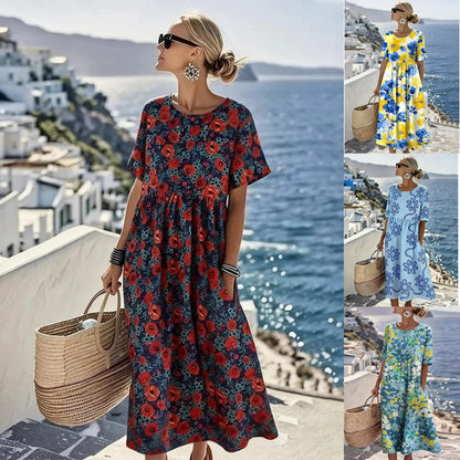 👗【S-4XL】Ležerna haljina s printom za ljeto 2026., okruglim izrezom, s džepovima, plaćanje pouzećem.