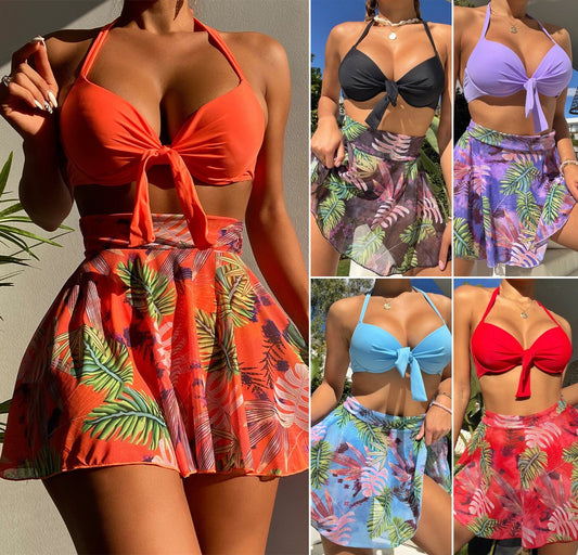 🏊‍👙【S-2XL】🌴Seksowny, trzyczęściowy zestaw kostiumów kąpielowych z nadrukiem z siateczki