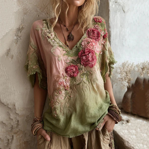 🌺【Ofertă limitată】Bluză elegantă cu imprimeu floral și decolteu adânc în V 【S-4XL】