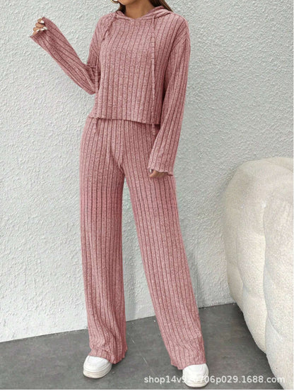 📢📢Sleva 50% 😍【40-90KG】Dámský dvoudílný pletený top s kapucí a kalhoty se širokými kalhotami