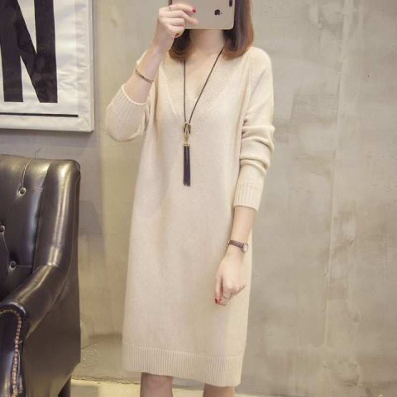 ✨【S-4XL】Nova jesensko/zimska pletena midi haljina za veće veličine s V-izrezom -4158924