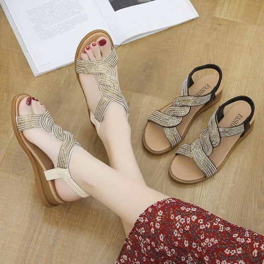 😍【35-40】2023 Noi sandale șiret elastic de vară cu stras talpa moale ortopedica