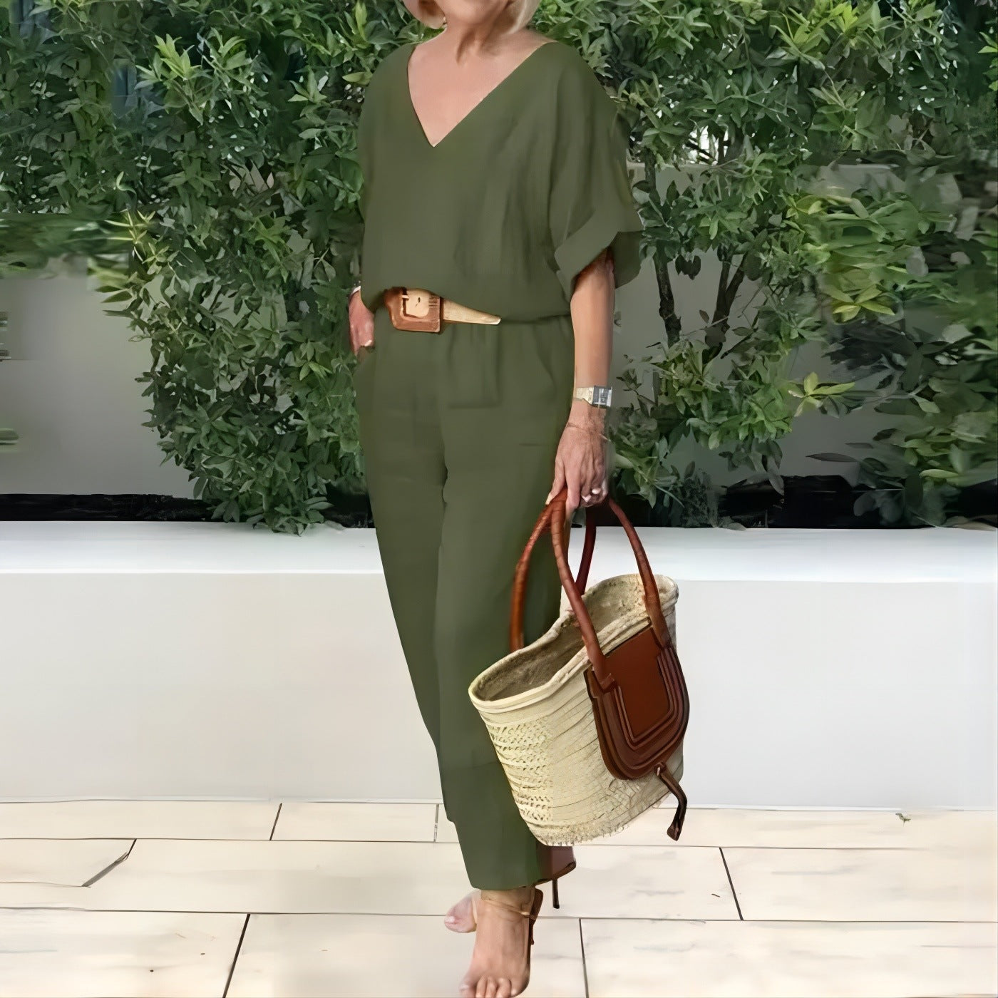【S-5XL】Elegantni ženski set od lana i pamuka: široka bluza s V-izrezom i duge hlače, mekan, prozračan i hladan materijal