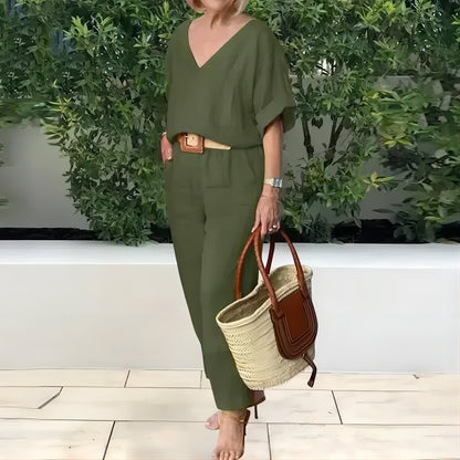 【S-5XL】Elegantni ženski set od lana i pamuka: široka bluza s V-izrezom i duge hlače, mekan, prozračan i hladan materijal