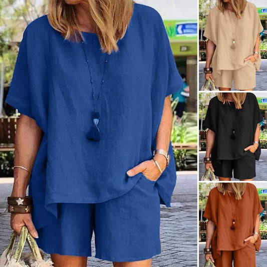 Nuevo conjunto de dos piezas de algodón y lino de color liso, sencillo, elegante y de corte holgado [camiseta de manga corta + pantalón corto].