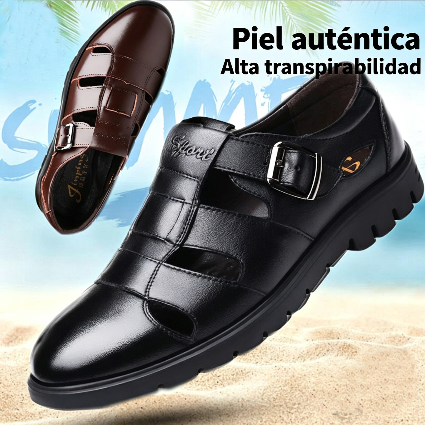 【38-44】👞Sandalias casuales antideslizantes de cuero genuino transpirables con diseño calado para hombre, colección verano 2026