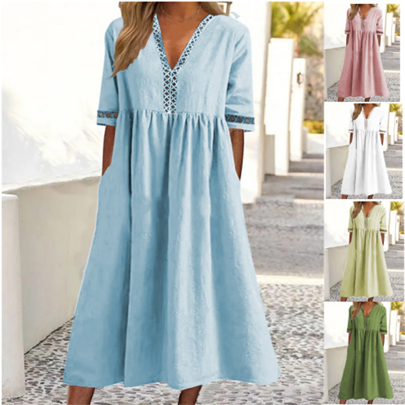 👩‍🌾👗【Ljetni popust na nove proizvode -50%🔥】【S-3XL】😍Proljetna i ljetna haljina s kratkim rukavima, čipkastim V-izrezom
