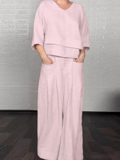 💎 Dvodijelni set od pamuka i lana s nepravilnim rubom - bluza s V-izrezom + hlače širokih nogavica, prozračan i prirodno elegantan 🍂👚