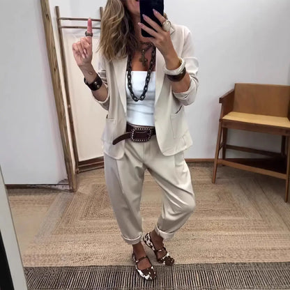 💎50% de descuento por tiempo limitado💎Conjunto de blazer y pantalón para mujer con solapas - corte ajustado, material suave👖✨【40-120 kg】