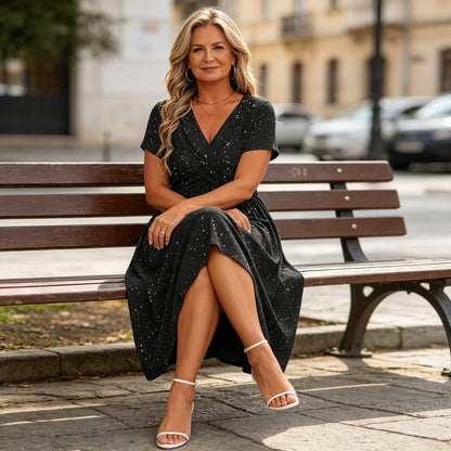 👗【XS-4XL】Nova elegantna svjetlucava plisana haljina s V-izrezom i džepovima