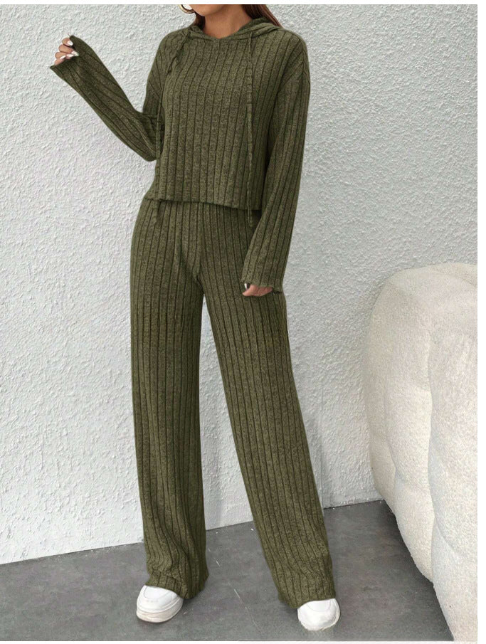 📢📢Sleva 50% 😍【40-90KG】Dámský dvoudílný pletený top s kapucí a kalhoty se širokými kalhotami