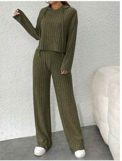 📢📢Sleva 50% 😍【40-90KG】Dámský dvoudílný pletený top s kapucí a kalhoty se širokými kalhotami