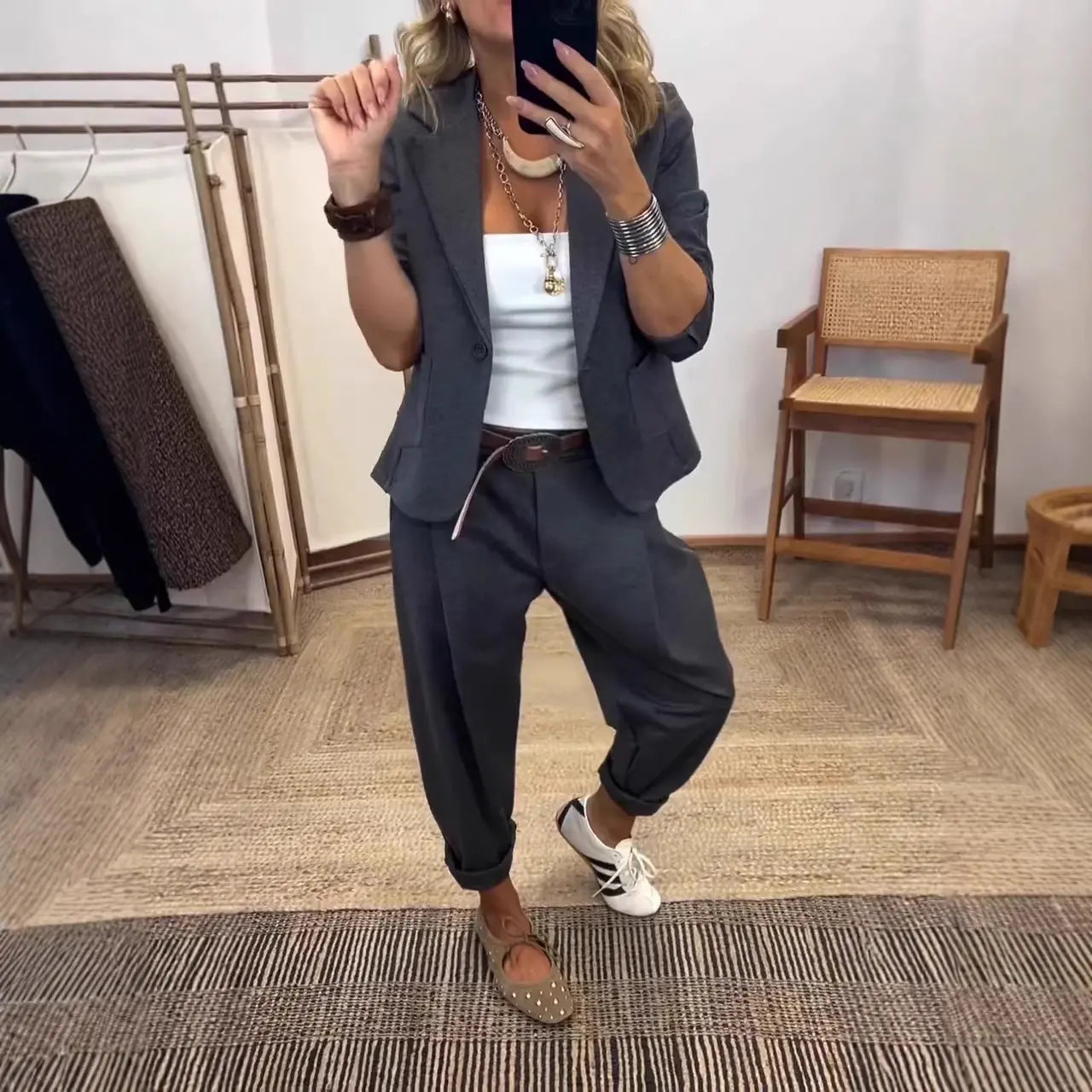 💎50% de descuento por tiempo limitado💎Conjunto de blazer y pantalón para mujer con solapas - corte ajustado, material suave👖✨【40-120 kg】