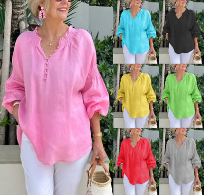 🌸【S-3XL】2025 Wiosna Lato Nowy Casual V-Neck Jednolity kolor Bawełniane topy damskie