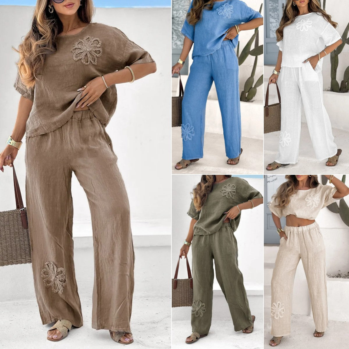 【40-120 kg】【S-5XL】👩‍💼Elegantni dvodijelni set s izvezenim cvijećem za žene 【Majica + Hlače】