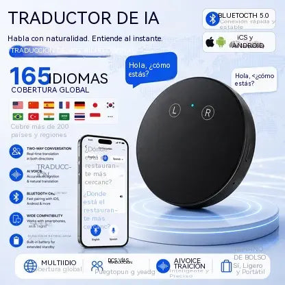 Dispositivo traductor de idiomas con IA– Traductor de voz bidireccional en tiempo real con compatibilidad con varios idiomas