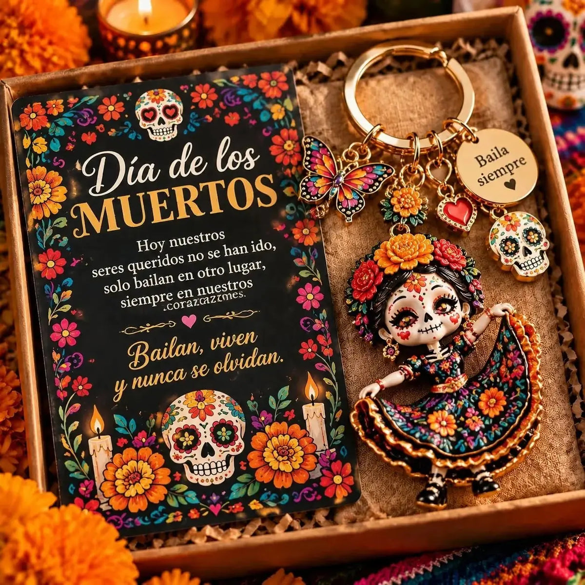 🎄💀 Día de Muertos Charm Keychain | 4 Colorful Floral & Skull-Inspired Styles