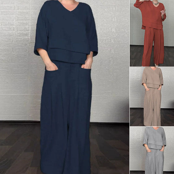 💎 Dvodijelni set od pamuka i lana s nepravilnim rubom - bluza s V-izrezom + hlače širokih nogavica, prozračan i prirodno elegantan 🍂👚