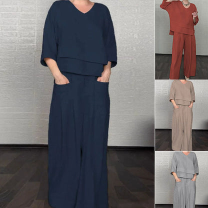 💎 Dvodijelni set od pamuka i lana s nepravilnim rubom - bluza s V-izrezom + hlače širokih nogavica, prozračan i prirodno elegantan 🍂👚