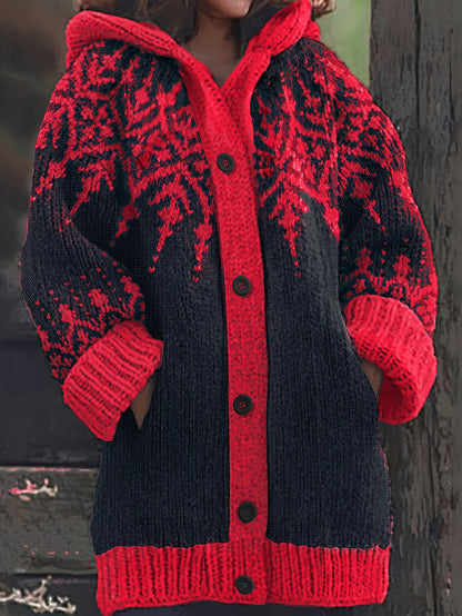 ⛄【S~5XL】❄Elegancka kurtka z kapturem w stylu retro z motywem płatków śniegu i blokami kolorów