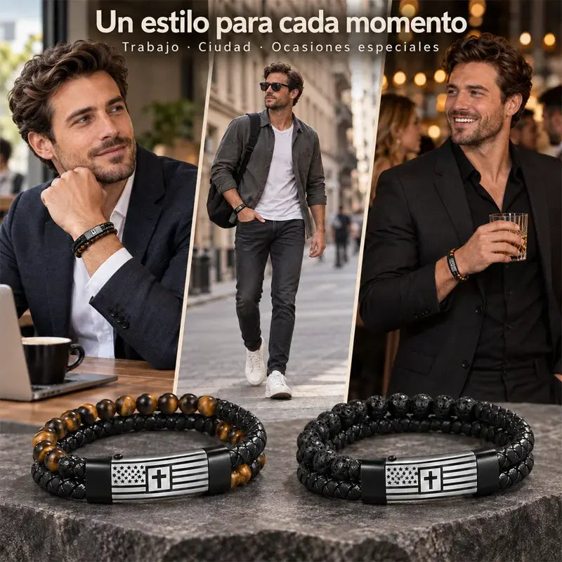 ✝️ Pulsera de Cuero para Hombre con Cruz | Diseño Trenzado de Doble Capa con Piedra Volcánica y Ojo de Tigre