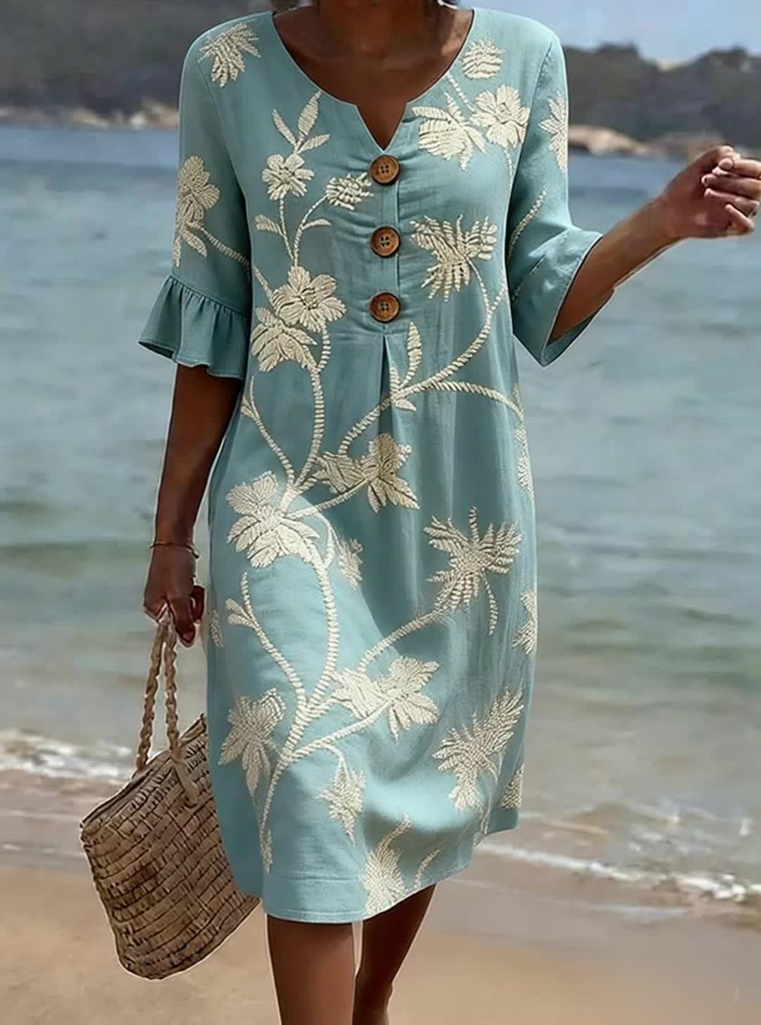 👗【S-3XL】Ženska haljina od pamuka i lana s napuhanim rukavima i gumbima
