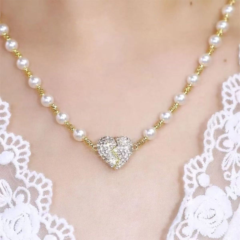 💗🎁Luksuzna biserna ogrlica s magnetskim privjeskom u obliku srca s dijamantima
