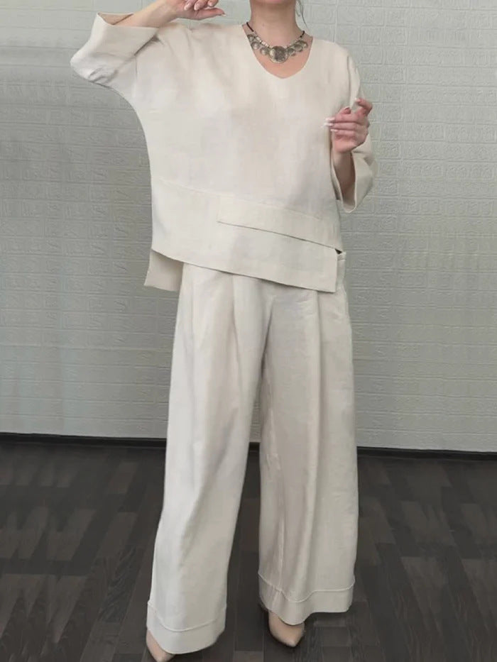 💎 Dvodijelni set od pamuka i lana s nepravilnim rubom - bluza s V-izrezom + hlače širokih nogavica, prozračan i prirodno elegantan 🍂👚