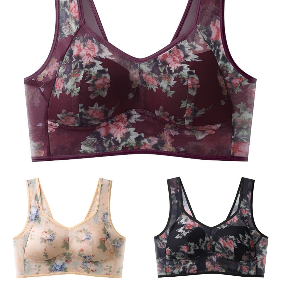 💥【Balení 3 ks】Plus Size podprsenka s potiskem a bez kostic, vysoce kvalitní push-up - lehká a prodyšná síťovina, pohodlná a stylová