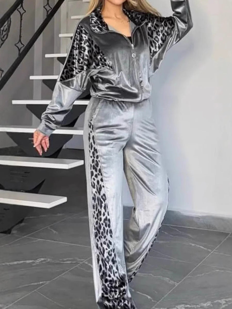 💥 RASPRODAJA ⏰ Komplet: bluza s leopard printom i kontrastne hlače za žene (jakna + hlače)