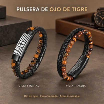 ✝️ Pulsera de Cuero para Hombre con Cruz | Diseño Trenzado de Doble Capa con Piedra Volcánica y Ojo de Tigre