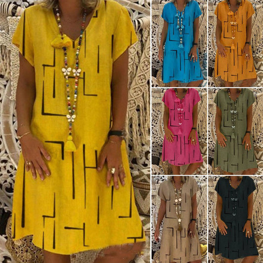 😍🌲【50% OFF】👗【S-5XL】Nové bavlněné a lněné šaty s výstřihem do V s potiskem