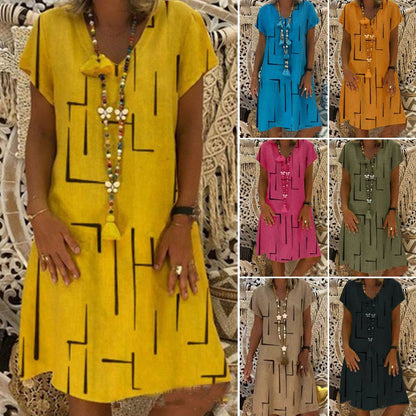 😍🌲【50% OFF】👗【S-5XL】Nové bavlněné a lněné šaty s výstřihem do V s potiskem