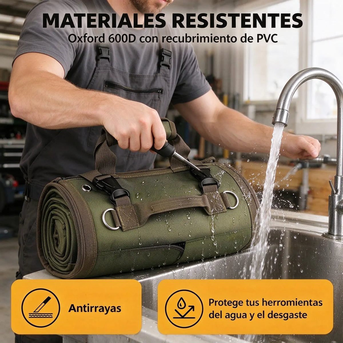 🛠️ Organizador Portaherramientas Enrollable de Tejido Oxford, 4 Compartimentos y 2 Bolsas Desmontables, Resistente para Electricistas, Mecánicos y Carpinteros 🚗