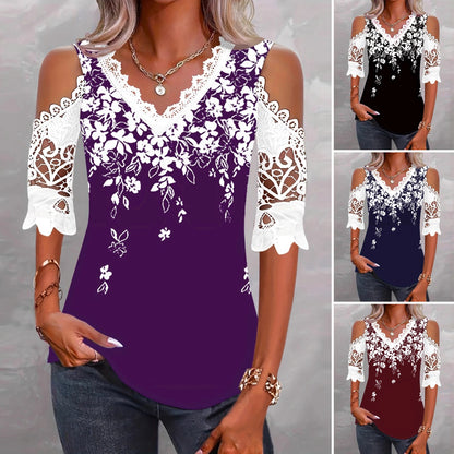 🌸【S-2XL】Elegantna čipkasta majica kratkih rukava s otvorenim ramenima i patchwork printom