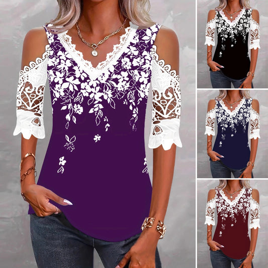🌸【S-2XL】Elegantna čipkasta majica kratkih rukava s otvorenim ramenima i patchwork printom