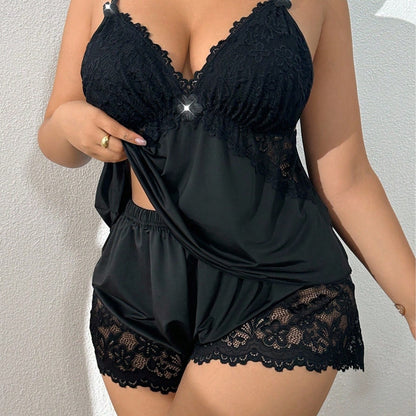 👗【S-3XL】🌸 Pidžama set s majicom bez rukava i čipkastim hlačicama, podesivim naramenicama i V-izrezom 🛏️✨