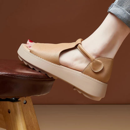 🔥👡【35-40】Sandale romane cu gură de pește din piele naturală, cu talpă groasă, în stil retro, noi, pentru vara 2025.